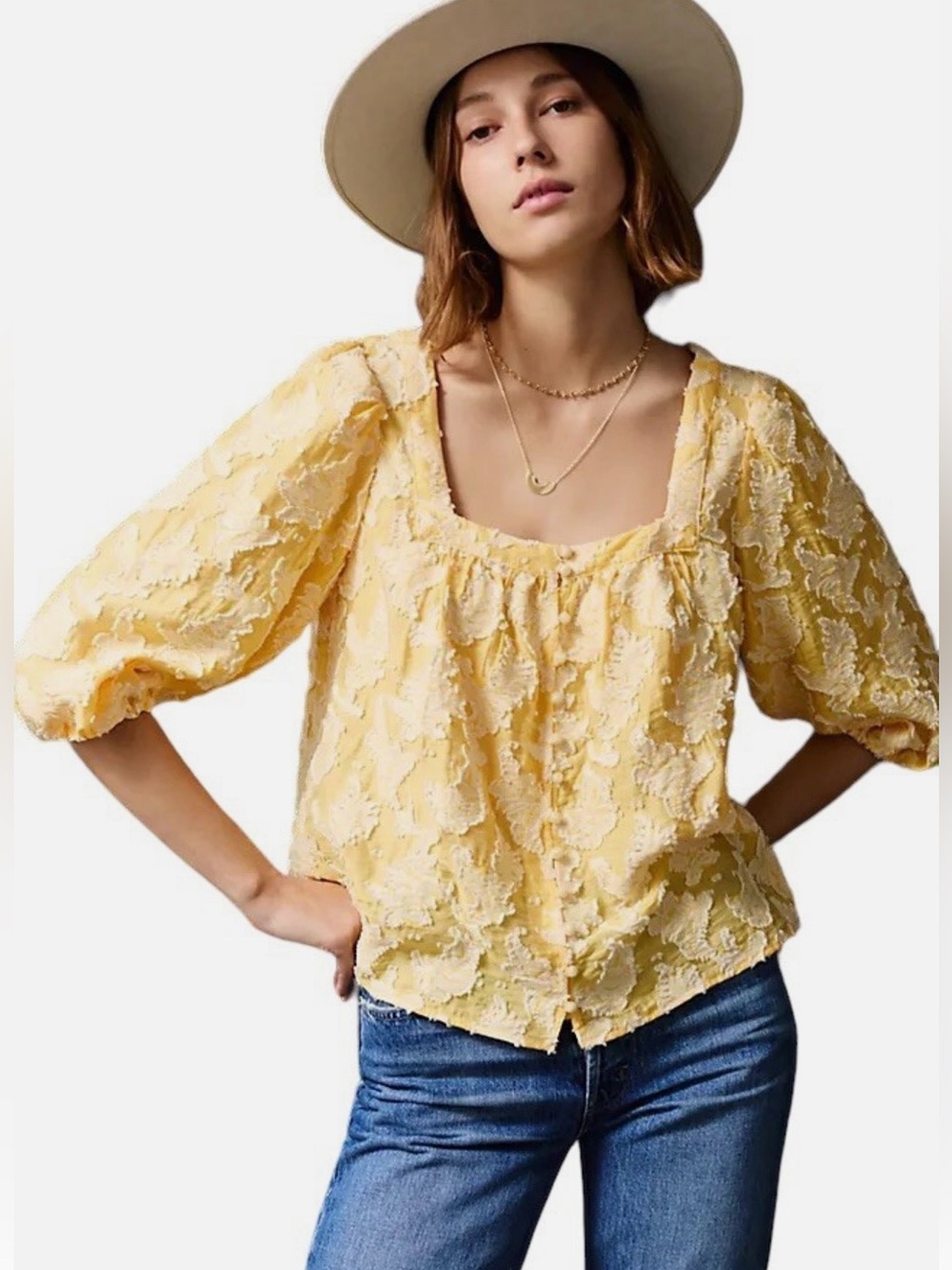 Anthropologie Yvonne Textured Yellow Button Down Blouse Shirt Size Medium